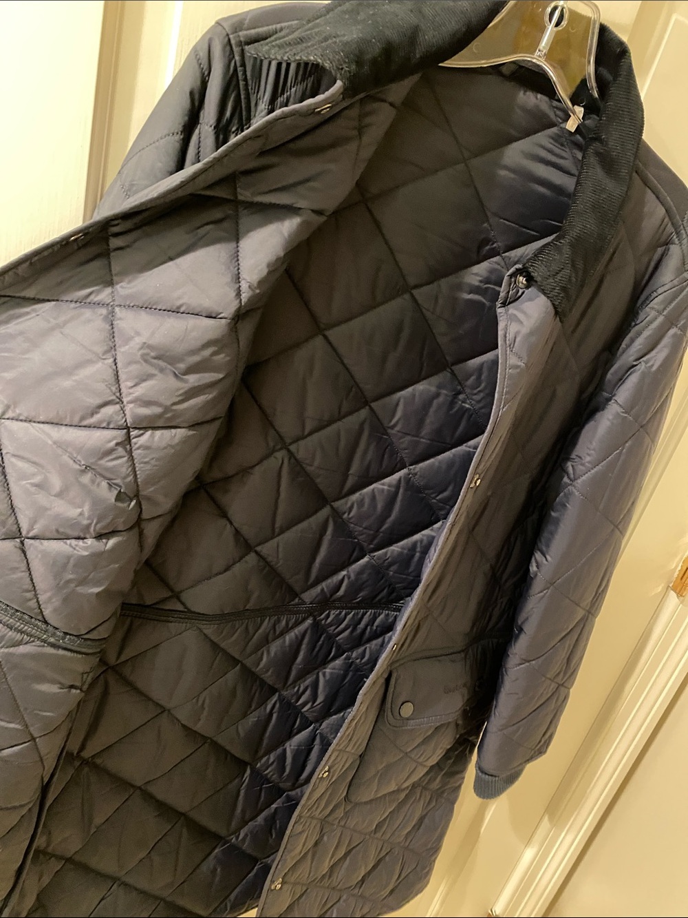 Barbour Quilted Navy Coat with Corduroy Collar • Size 10 - Picture 6 of 16